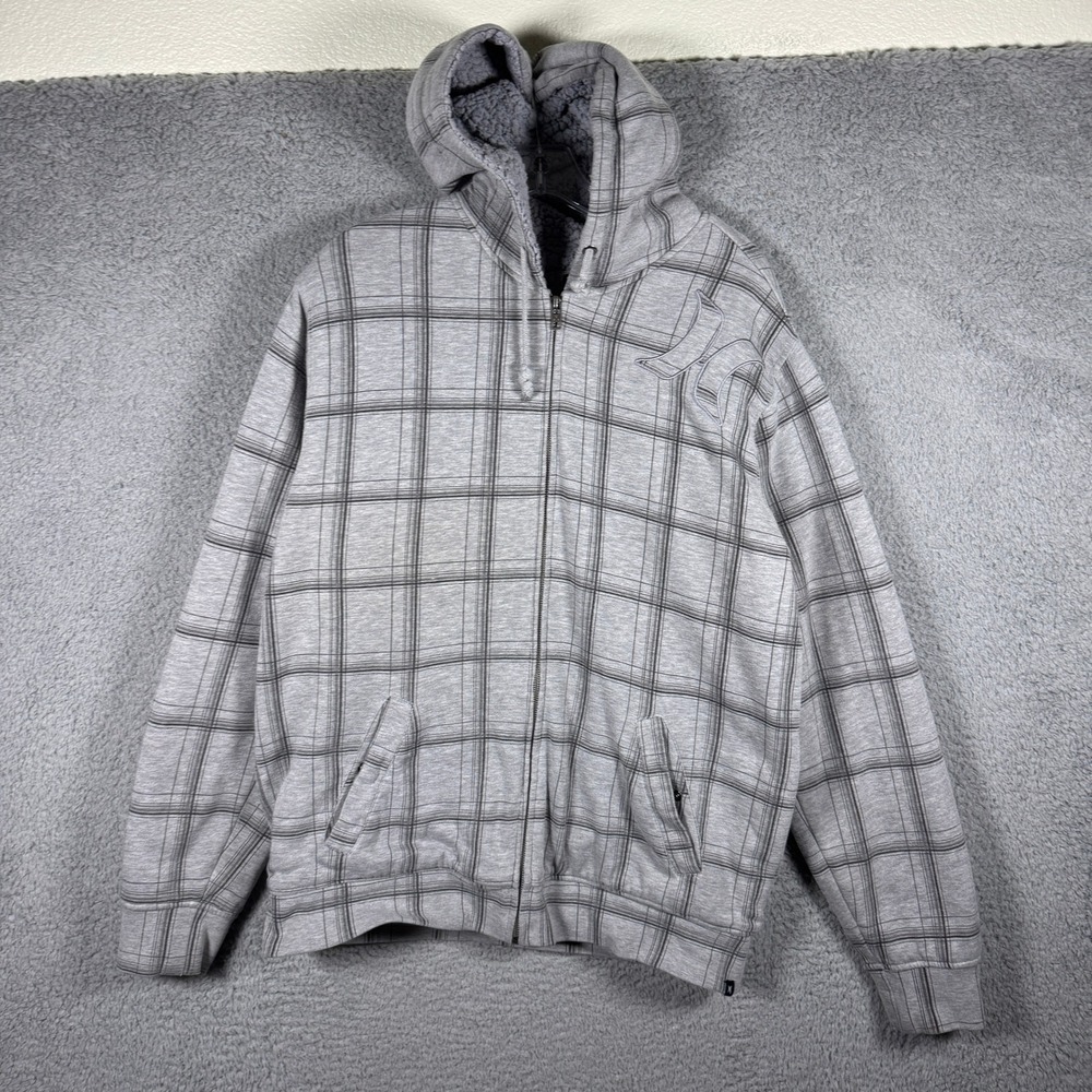 Hurley Mens Grey Plaid Sherpa Lined Full Zip Hoodie Sweatshirt MFT641PC Size L